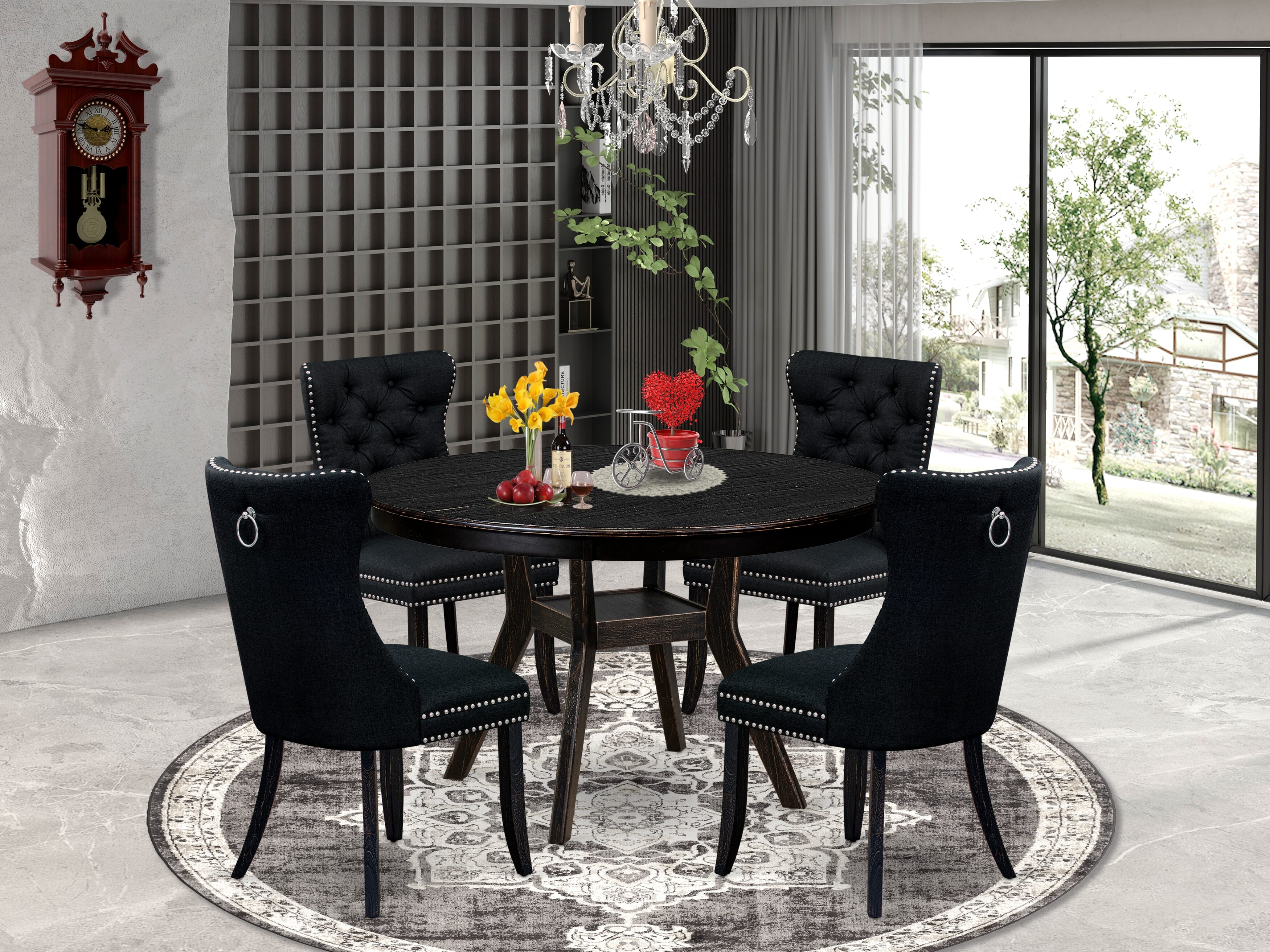 Luxe by East West Furniture F8DA5-411-24 5 Piece Dining Room Set Consists of a 48" Round Table with Pedestal and 4 Black Linen Fabric Upholstered Chairs, Sand Blasted Black