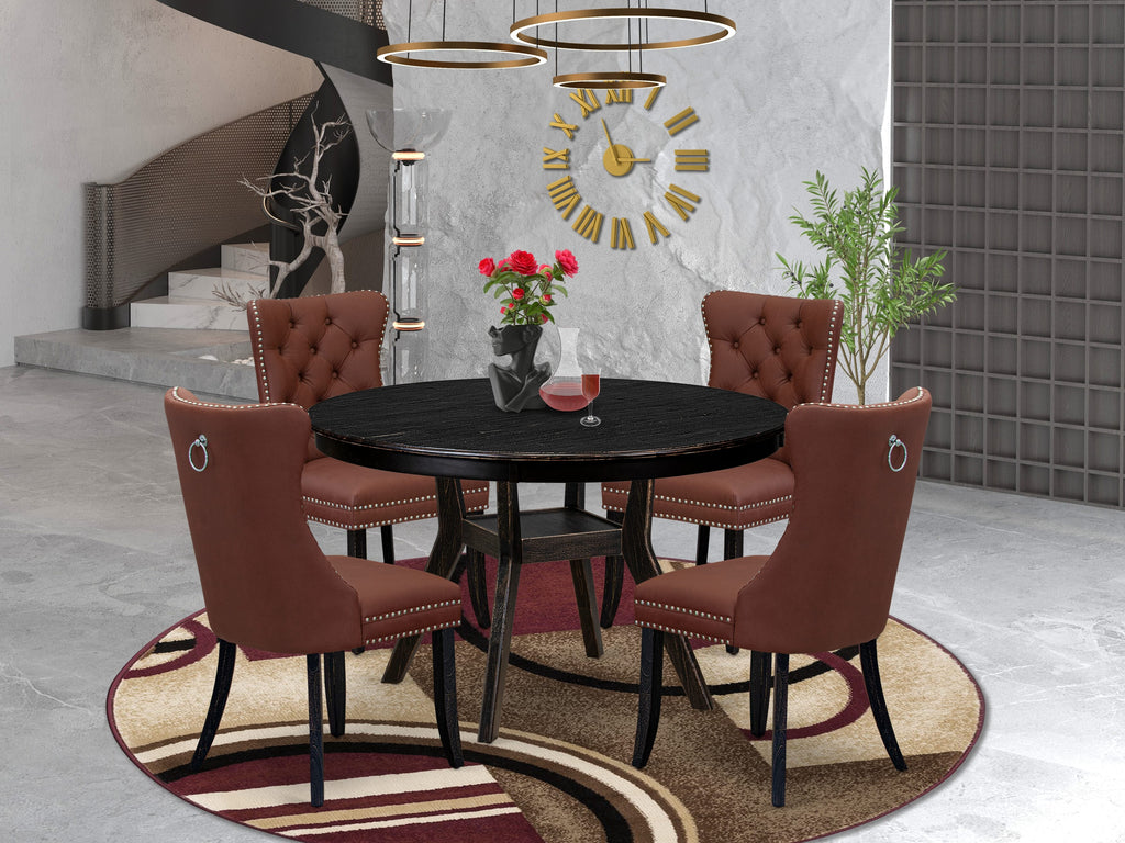 Luxe by East West Furniture F8DA5-411-26 5 Piece Dining Table Set Contains a 48" Round Table with Pedestal and 4 Burgandy Faux Leather Upholstered Chairs, Sand Blasted Black