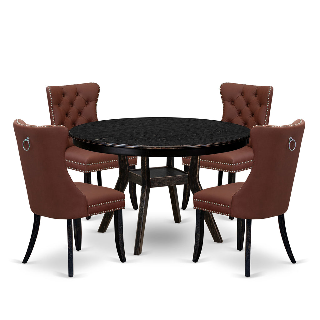 Luxe by East West Furniture F8DA5-411-26 5 Piece Dining Table Set Contains a 48" Round Table with Pedestal and 4 Burgandy Faux Leather Upholstered Chairs, Sand Blasted Black