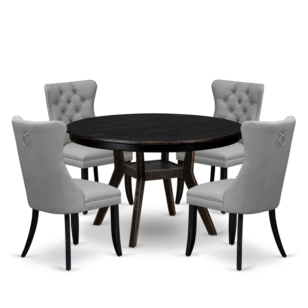 Luxe by East West Furniture F8DA5-411-27 5 Piece Dining Table Set Contains a 48" Round Table with Pedestal and 4 Light Gray Faux Leather Parson Chairs, Sand Blasted Black