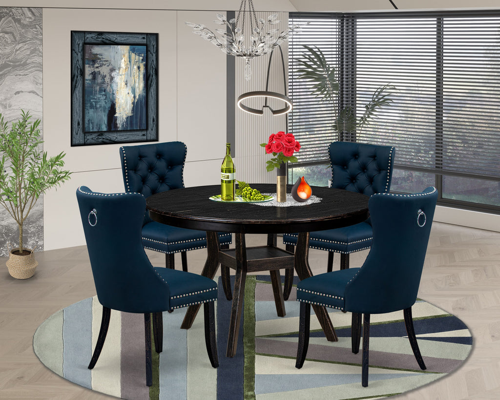 Luxe by East West Furniture F8DA5-411-29 5 Piece Dining Table Set Consists of a 48" Round Table with Pedestal and 4 Navy Blue Faux Leather Parson Chairs, Sand Blasted Black