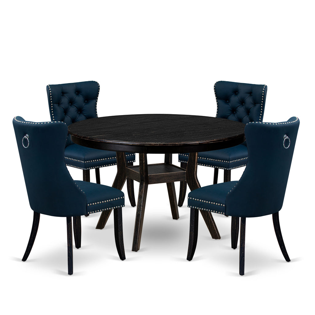 Luxe by East West Furniture F8DA5-411-29 5 Piece Dining Table Set Consists of a 48" Round Table with Pedestal and 4 Navy Blue Faux Leather Parson Chairs, Sand Blasted Black