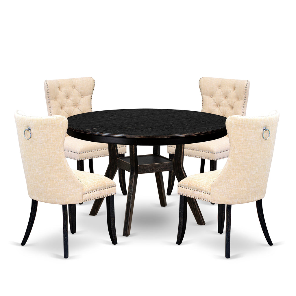 Luxe by East West Furniture F8DA5-411-32 5-pc Dining Table Set included a dinning table and 4 Light Beige Linen Fabric dining chair with Button Tufted Back -Sand Blasted Black