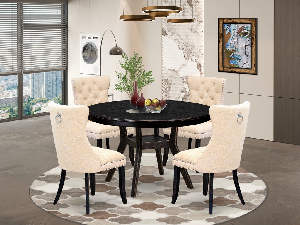 Luxe by East West Furniture F8DA5-411-32 5-pc Dining Table Set included a dinning table and 4 Light Beige Linen Fabric dining chair with Button Tufted Back -Sand Blasted Black