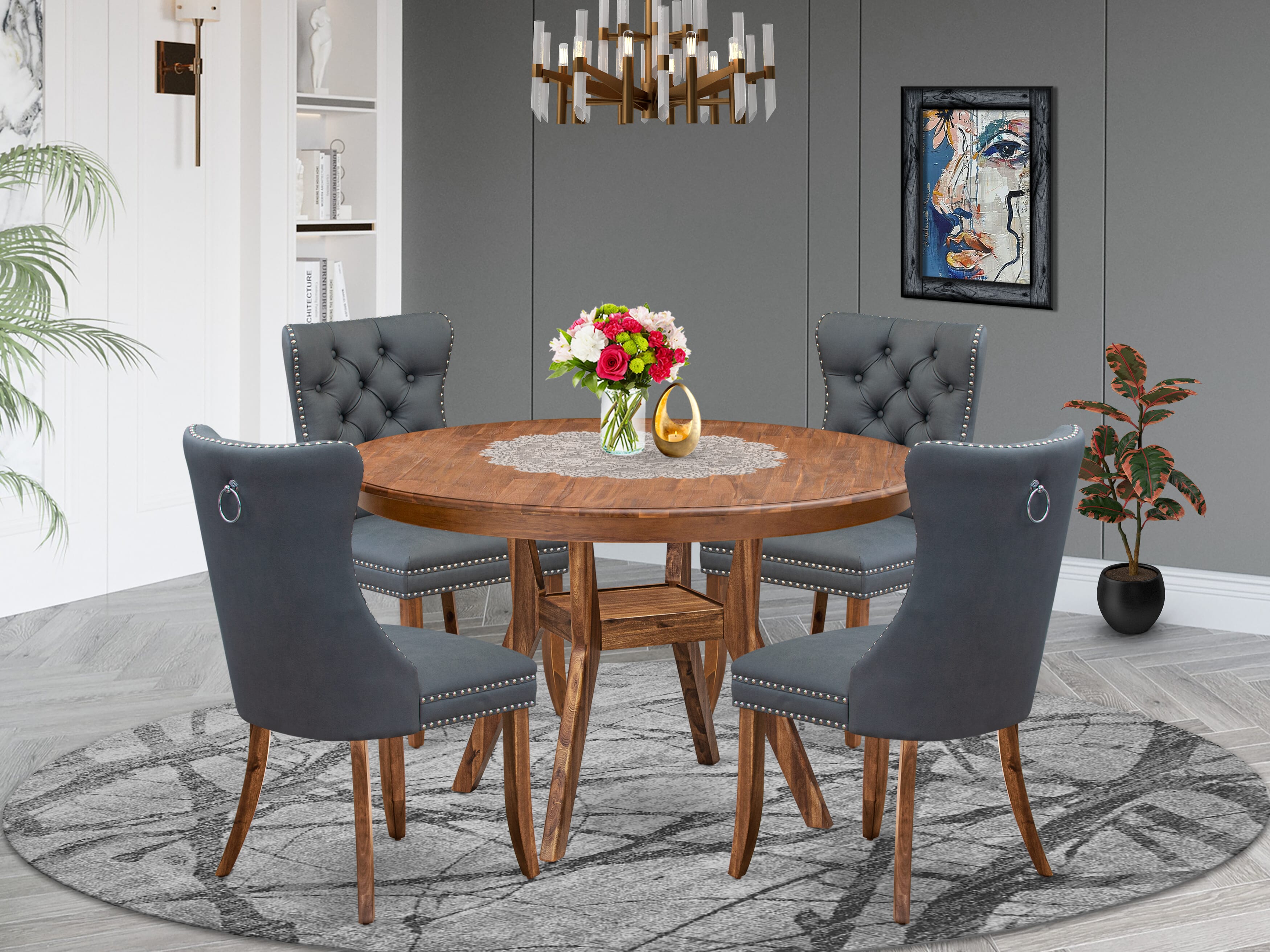 Luxe by East West Furniture F8DA5-50N-13 5-piece Dining Room set included a Kitchen Table and 4 Platinum Gray Faux Leather Modern Dining Chairs with Button Tufted Back - Antique Walnut Finish