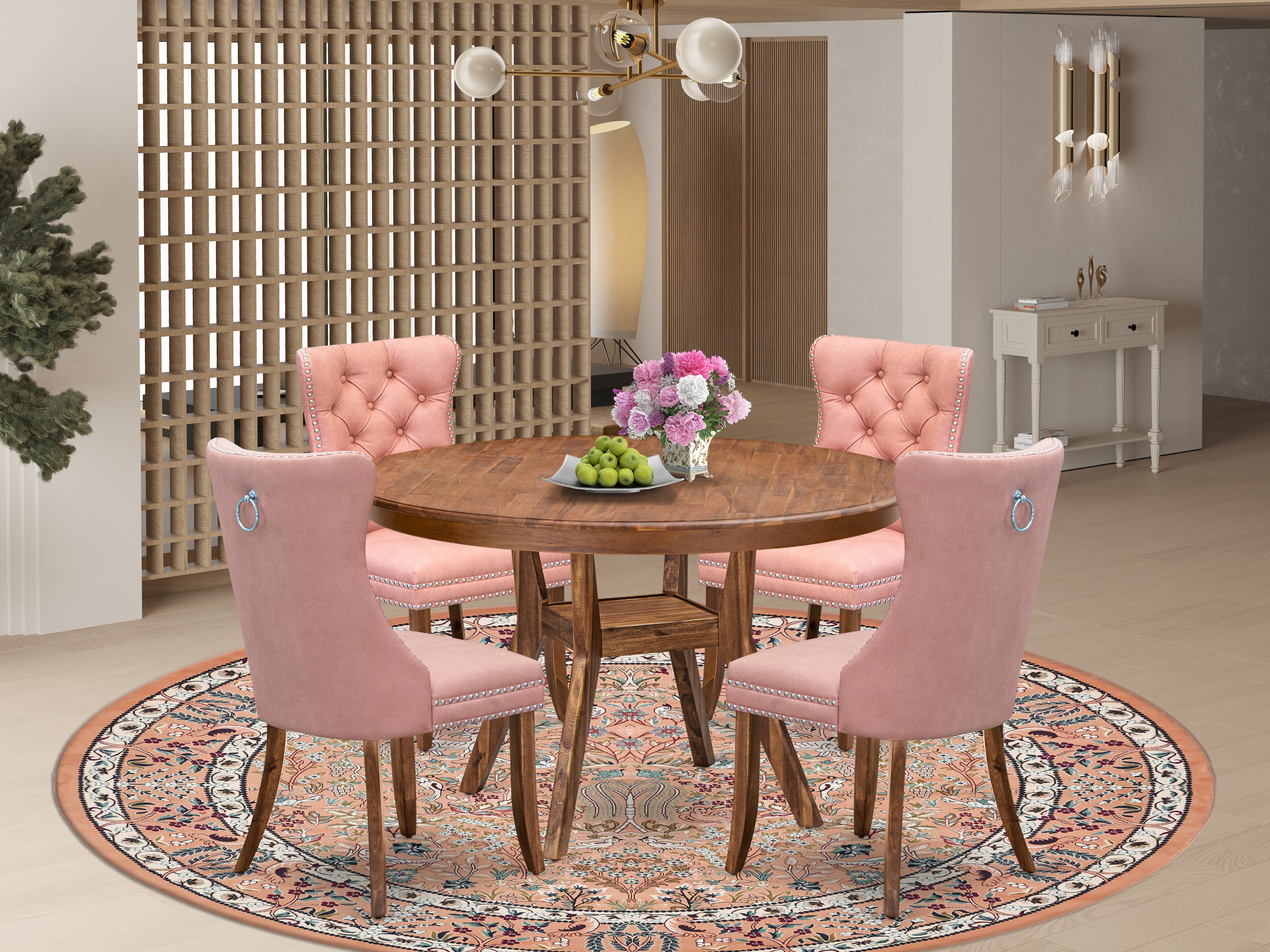 Luxe by East West Furniture F8DA5-50N-23 5-Pc Mid Century Dining Set Include a Table and 4 Beige Red Faux Leather Parson Dining Chairs with Button-Tufted Back, Antique Walnut
