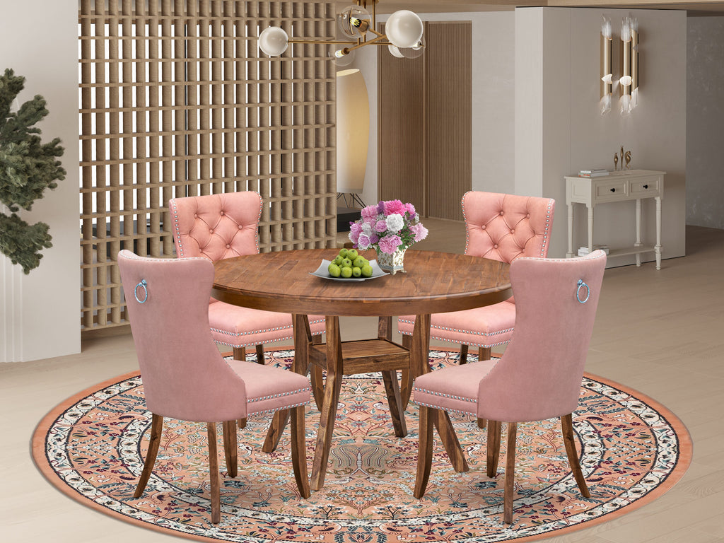 Luxe by East West Furniture F8DA5-50N-23 5-Pc Mid Century Dining Set Include a Table and 4 Beige Red Faux Leather Parson Dining Chairs with Button-Tufted Back, Antique Walnut