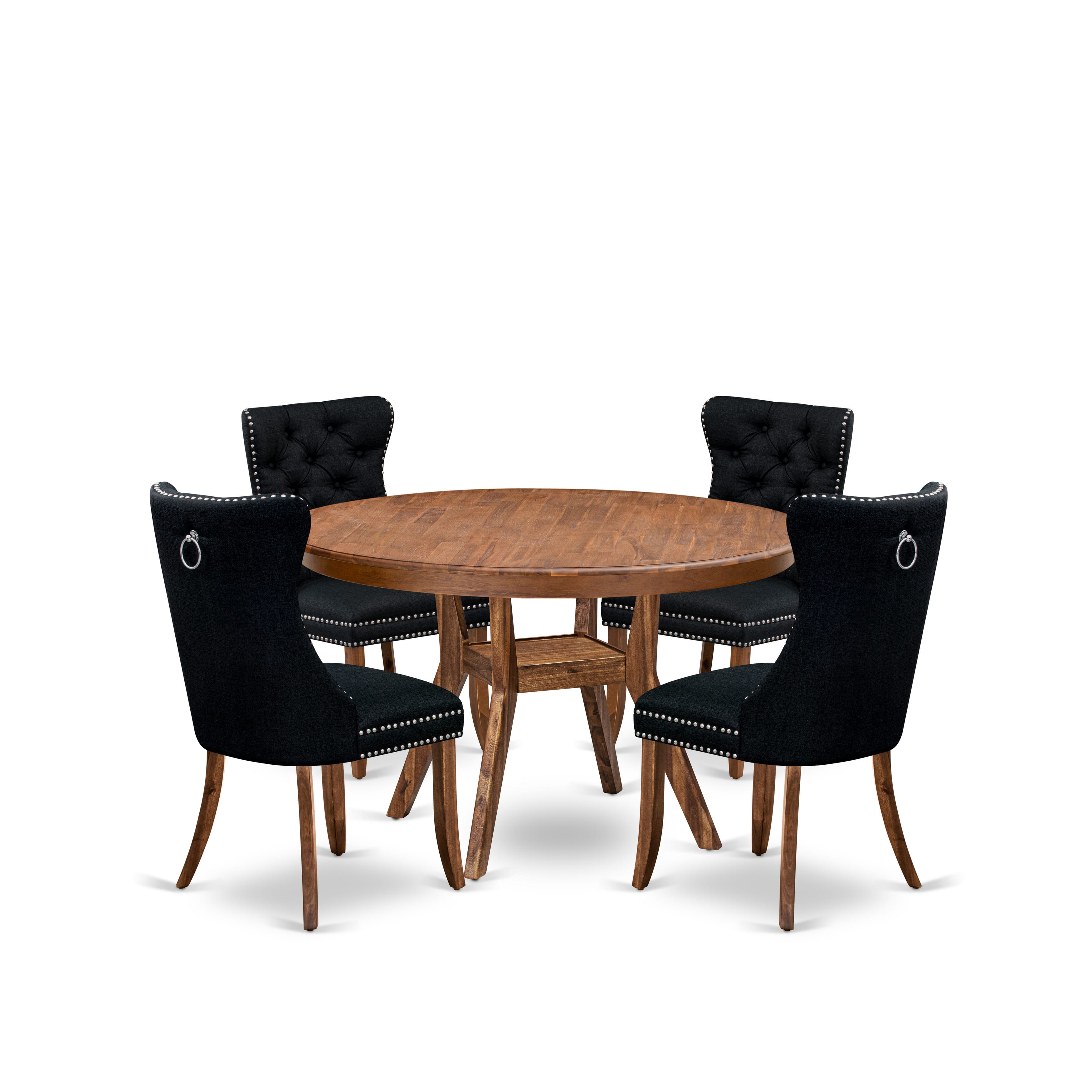 Luxe by East West Furniture F8DA5-50N-24 5-Piece Dining Set with Linen Fabric 4 Black Kitchen chairs, Button-Tufted Backs, and a 54"Round Table in Antique Walnut Finish.