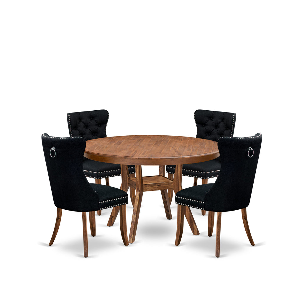 Luxe by East West Furniture F8DA5-50N-24 5-Piece Dining Set with Linen Fabric 4 Black Kitchen chairs, Button-Tufted Backs, and a 54"Round Table in Antique Walnut Finish.