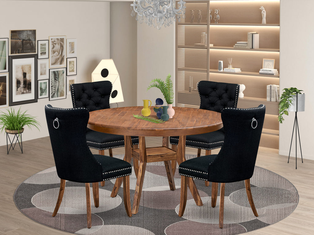 Luxe by East West Furniture F8DA5-50N-24 5-Piece Dining Set with Linen Fabric 4 Black Kitchen chairs, Button-Tufted Backs, and a 54"Round Table in Antique Walnut Finish.