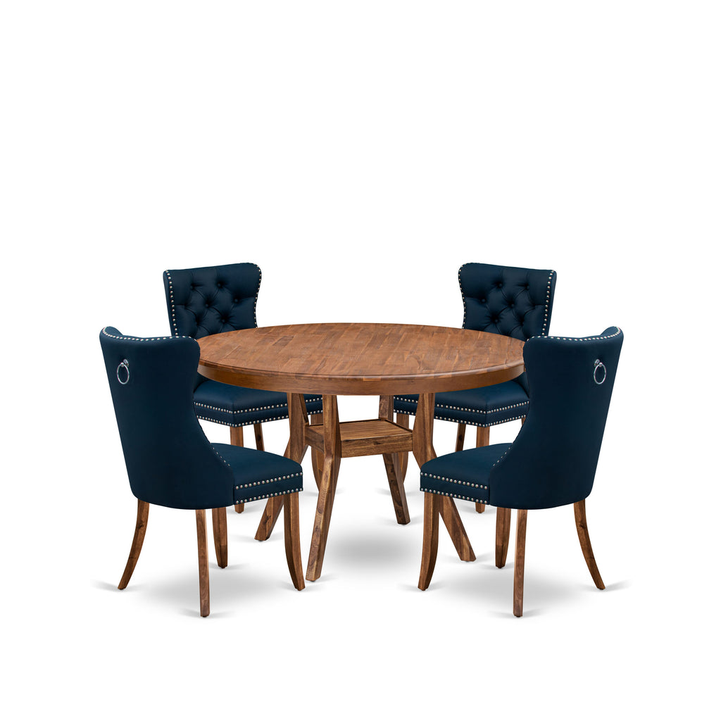 Luxe by East West Furniture F8DA5-50N-29 5-Pc Modern Dining Table Set Include a Dining Table and 4 Navy Blue Faux Leather Chairs with Button-Tufted Back, Antique Walnut