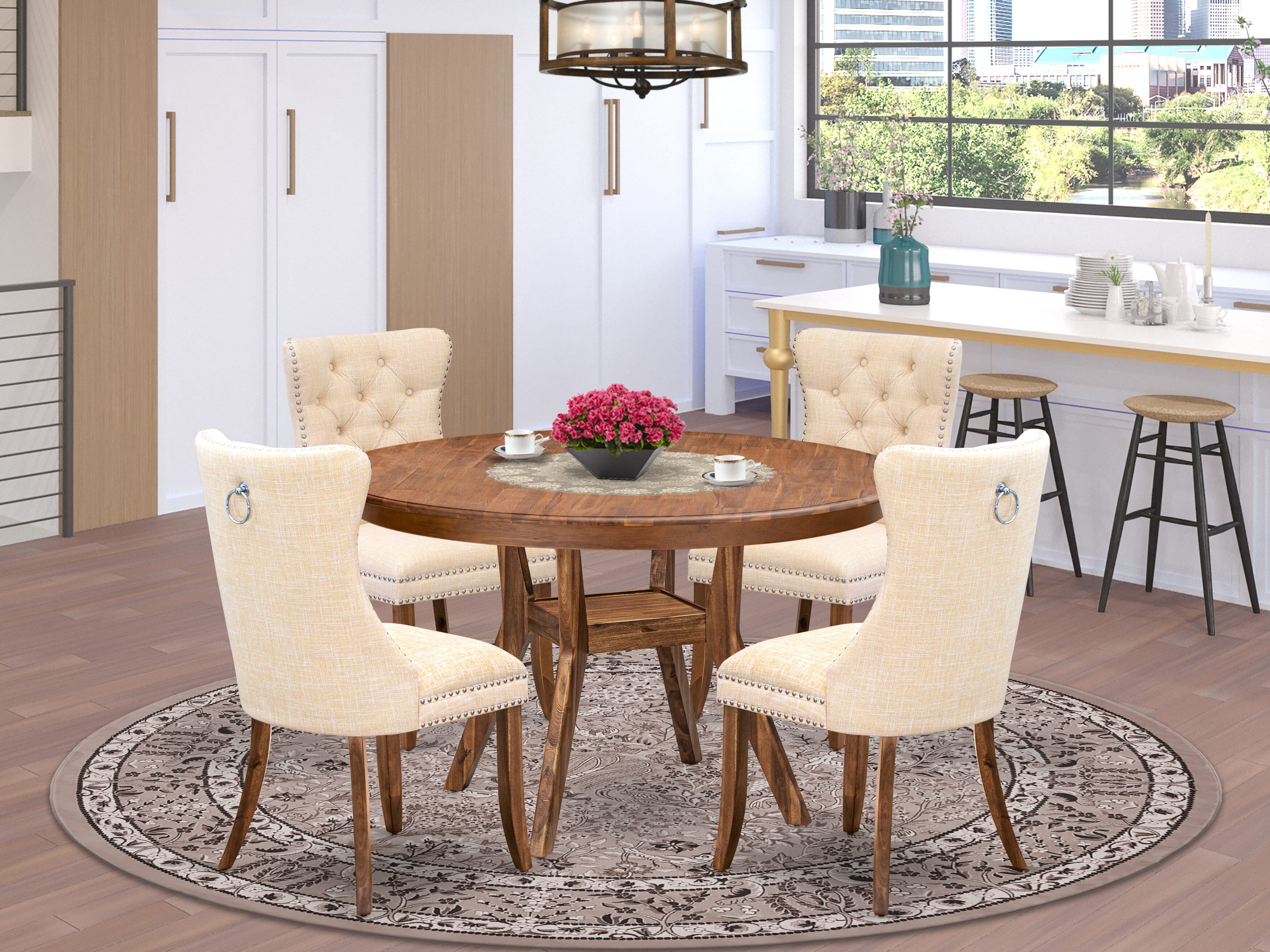 Luxe by East West Furniture F8DA5-50N-32 5-Piece Dining Table Set with Linen Fabric 4 Light Beige upholstered chairs, Button-Tufted Backs, and a 54"Round Table in Antique Walnut Finish.