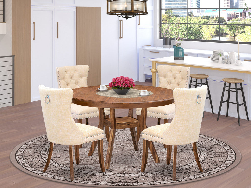 Luxe by East West Furniture F8DA5-50N-32 5-Piece Dining Table Set with Linen Fabric 4 Light Beige upholstered chairs, Button-Tufted Backs, and a 54"Round Table in Antique Walnut Finish.