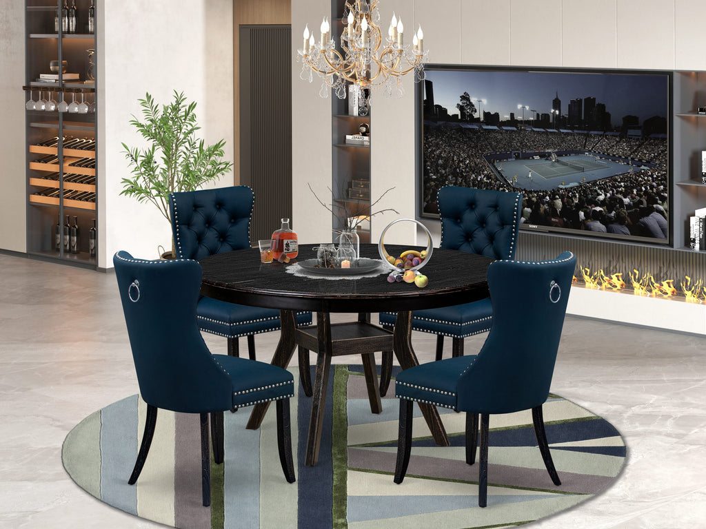 Luxe by East West Furniture F8DA5-511-29 5 Piece Dining Table Set Consists of a 54" Round Table with Pedestal and 4 Navy Blue Faux Leather Parson Chairs, Sand Blasted Black