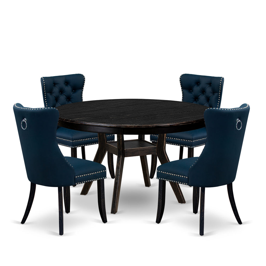 Luxe by East West Furniture F8DA5-511-29 5 Piece Dining Table Set Consists of a 54" Round Table with Pedestal and 4 Navy Blue Faux Leather Parson Chairs, Sand Blasted Black