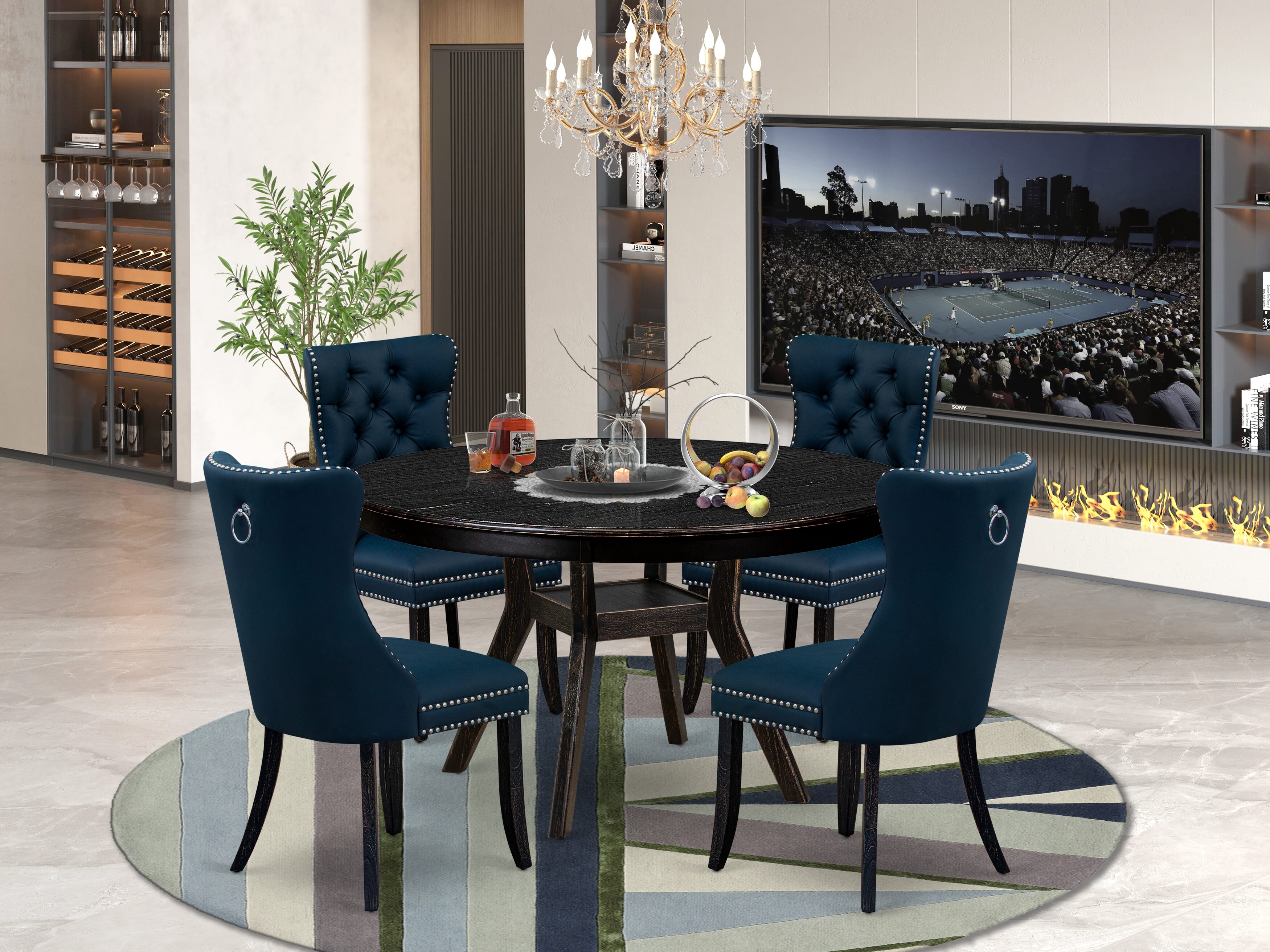 Luxe by East West Furniture F8DA5-511-29 5 Piece Dining Table Set Consists of a 54" Round Table with Pedestal and 4 Navy Blue Faux Leather Parson Chairs, Sand Blasted Black