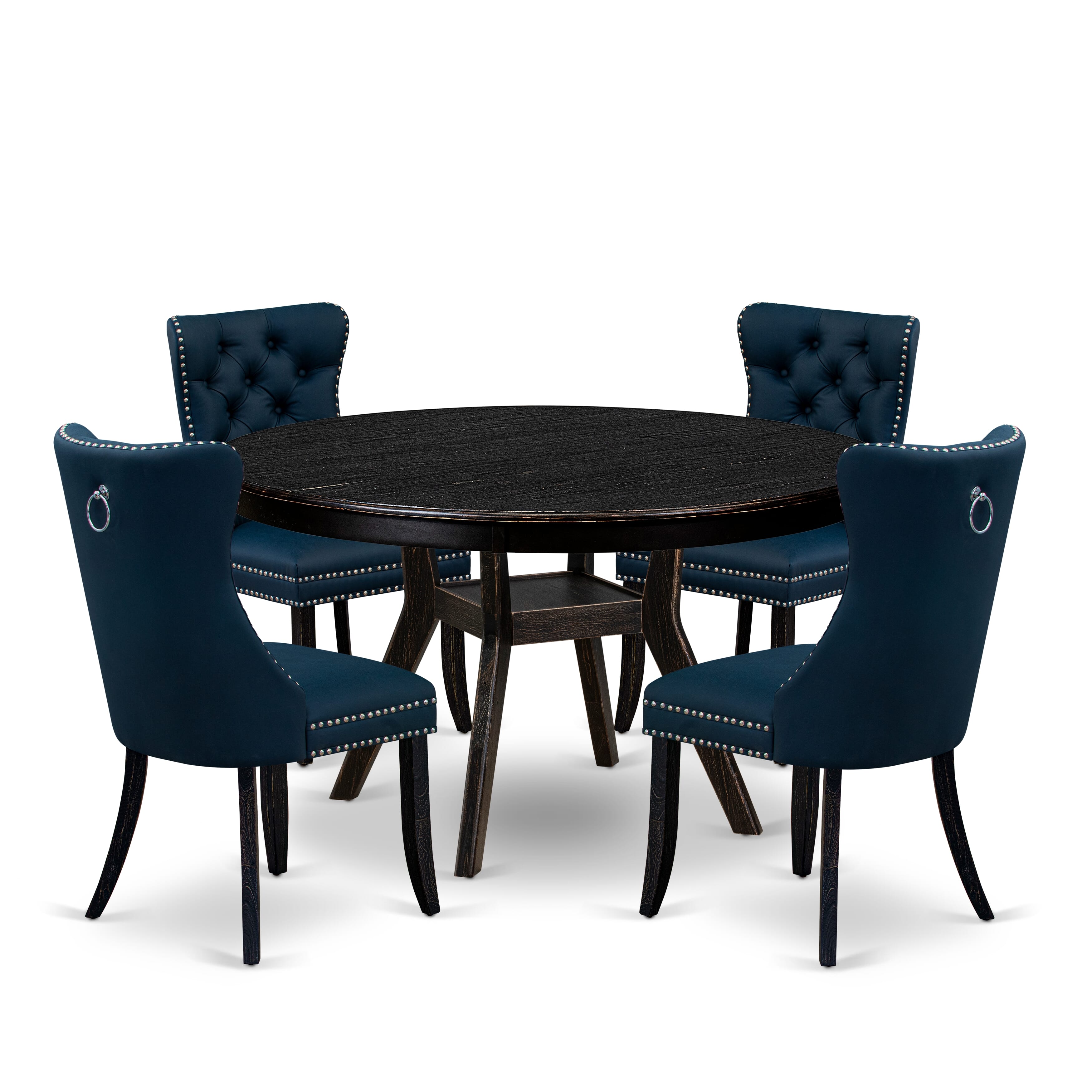 Luxe by East West Furniture F8DA5-511-29 5 Piece Dining Table Set Consists of a 54" Round Table with Pedestal and 4 Navy Blue Faux Leather Parson Chairs, Sand Blasted Black