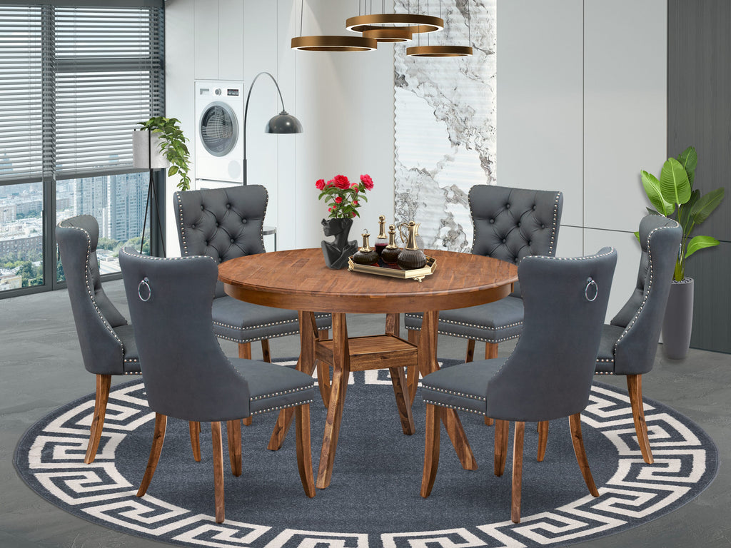 Luxe by East West Furniture F8DA7-40N-13 7-piece Modern Dining table set included a Dining Table and 6 Platinum Gray Faux Leather Dining Chairs with Button Tufted Back - Antique Walnut Finish