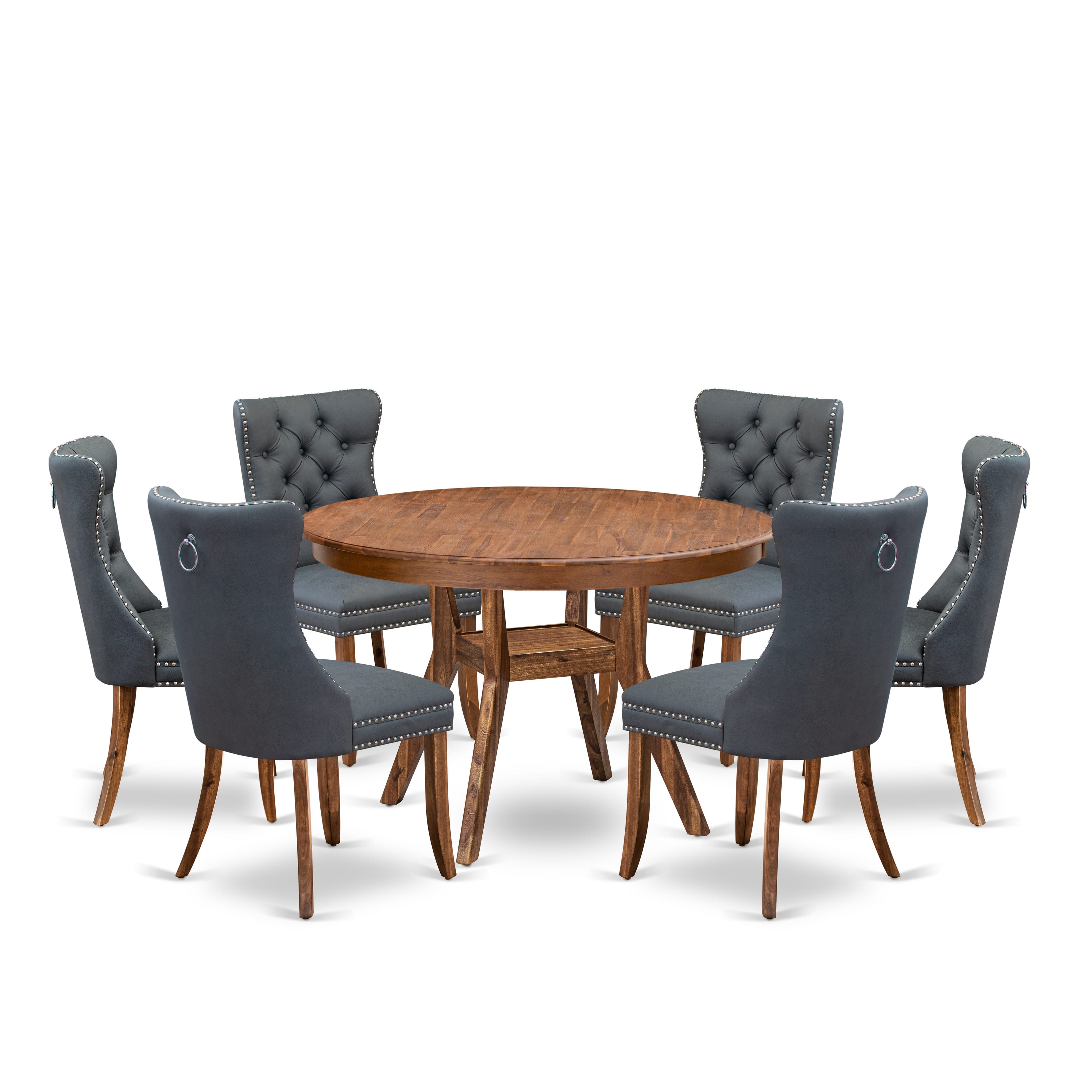 Luxe by East West Furniture F8DA7-40N-13 7-piece Modern Dining table set included a Dining Table and 6 Platinum Gray Faux Leather Dining Chairs with Button Tufted Back - Antique Walnut Finish