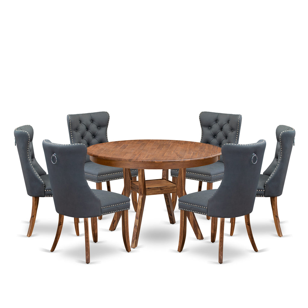 Luxe by East West Furniture F8DA7-40N-13 7-piece Modern Dining table set included a Dining Table and 6 Platinum Gray Faux Leather Dining Chairs with Button Tufted Back - Antique Walnut Finish