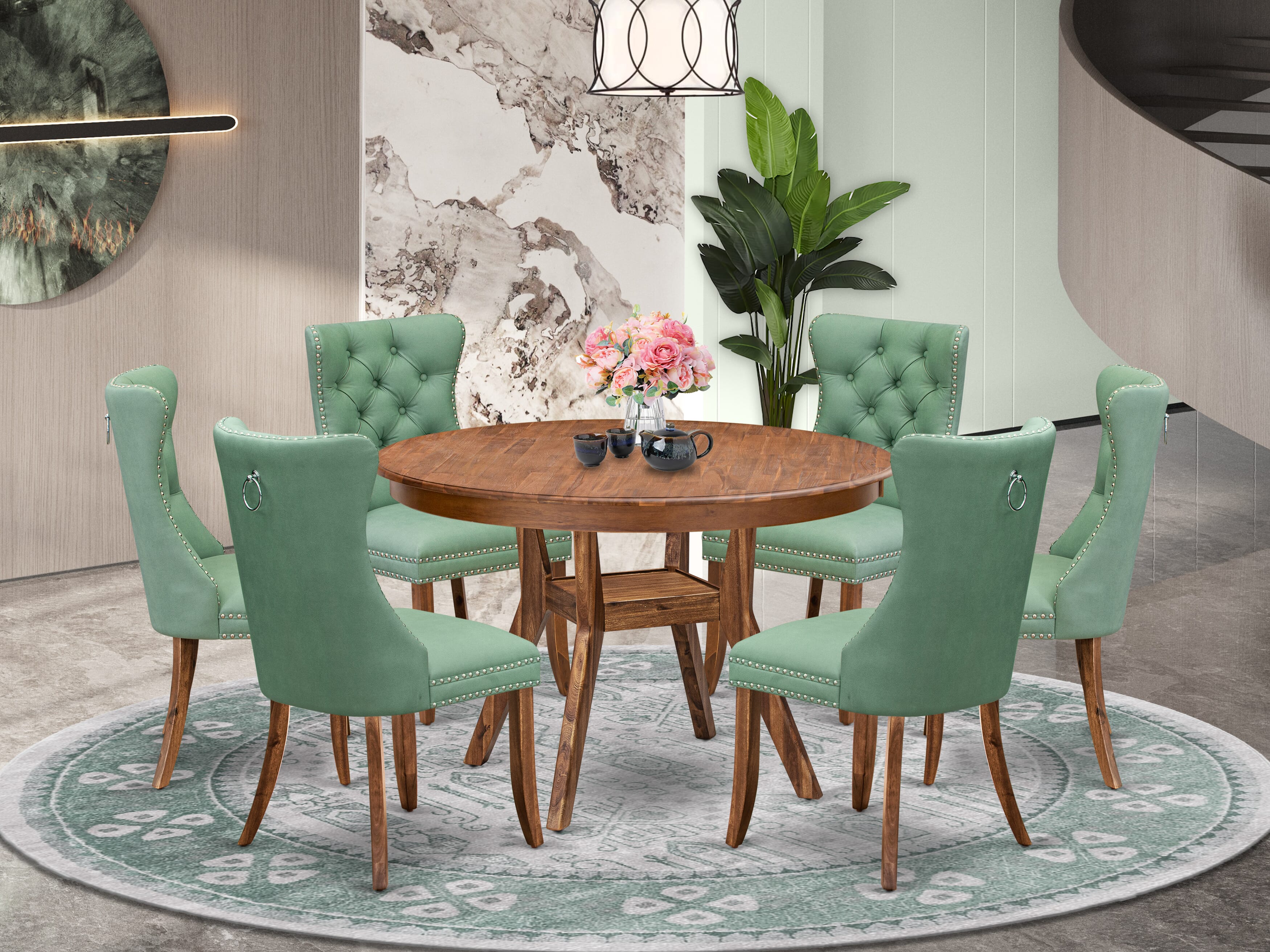 Luxe by East West Furniture F8DA7-40N-22 7-Pc Kitchen Set Include a Modern Table and 6 Willow Green Faux Leather Upholstered Chairs with Button-Tufted Back, Antique Walnut