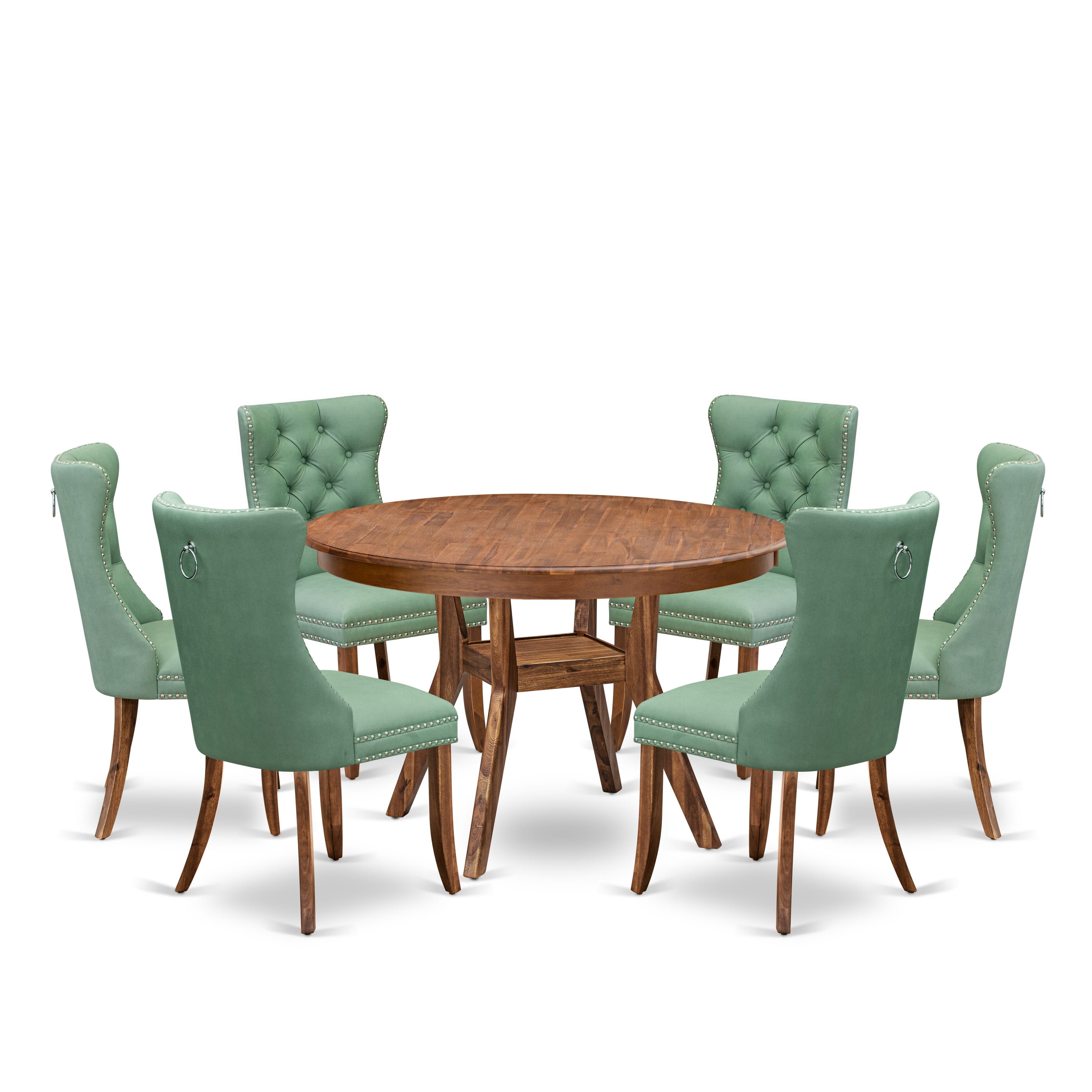 Luxe by East West Furniture F8DA7-40N-22 7-Pc Kitchen Set Include a Modern Table and 6 Willow Green Faux Leather Upholstered Chairs with Button-Tufted Back, Antique Walnut