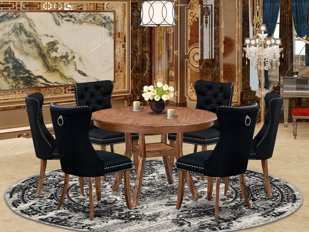 Luxe by East West Furniture F8DA7-40N-24 7-Piece Kitchen Table Set with Linen Fabric 6 Black kitchen chairs, Button-Tufted Backs, and a 48"Round Table in Antique Walnut Finish.