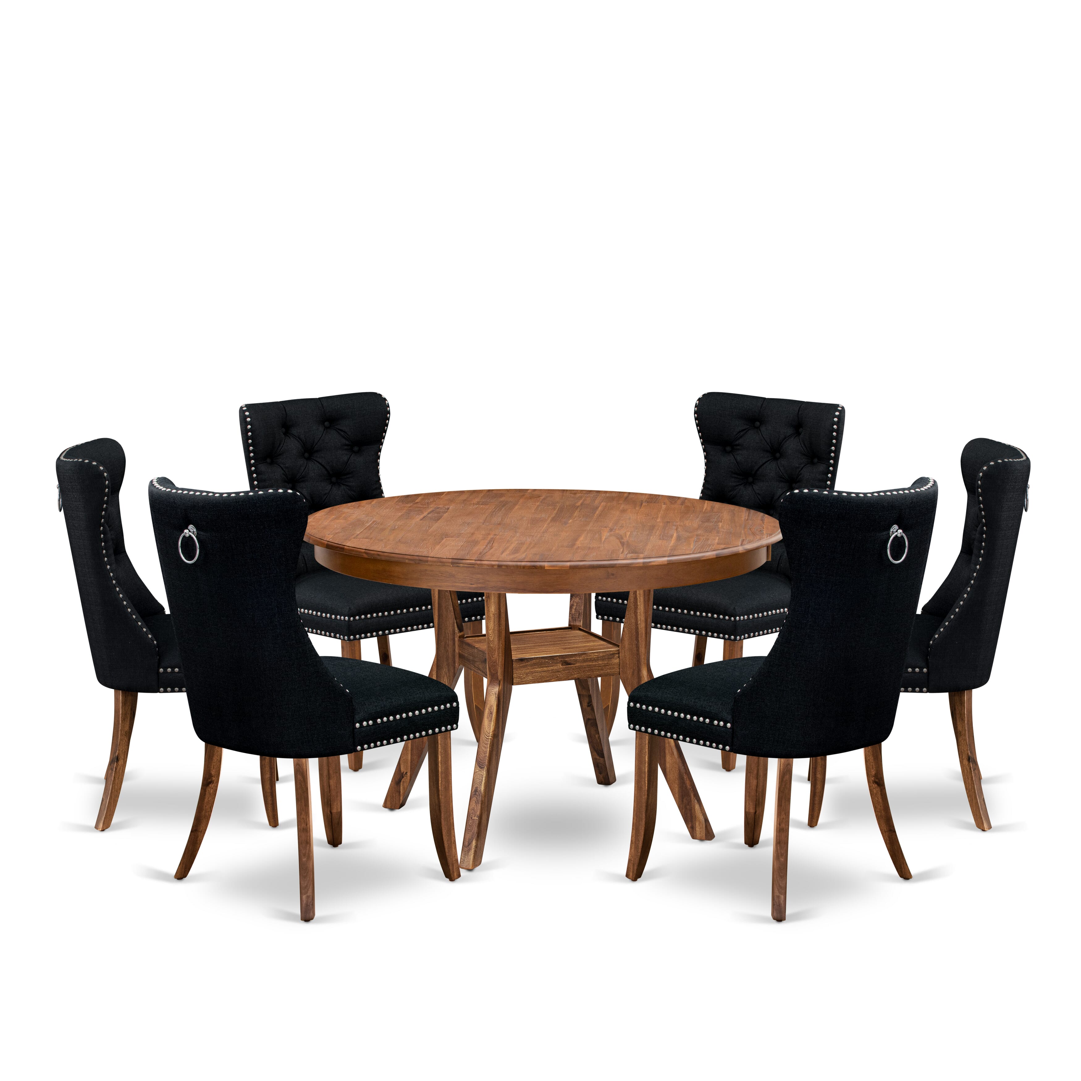Luxe by East West Furniture F8DA7-40N-24 7-Piece Kitchen Table Set with Linen Fabric 6 Black kitchen chairs, Button-Tufted Backs, and a 48"Round Table in Antique Walnut Finish.