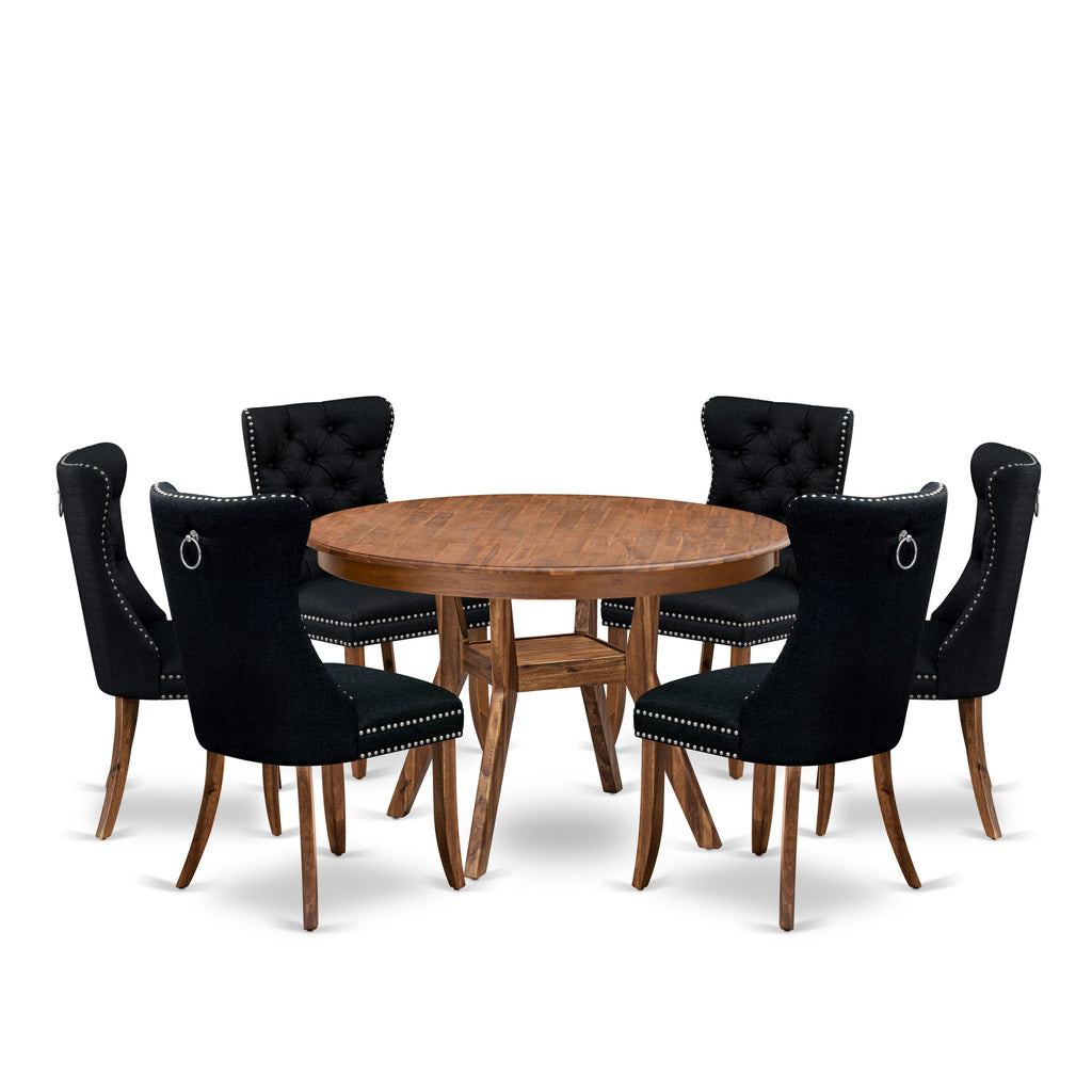 Luxe by East West Furniture F8DA7-40N-24 7-Piece Kitchen Table Set with Linen Fabric 6 Black kitchen chairs, Button-Tufted Backs, and a 48"Round Table in Antique Walnut Finish.