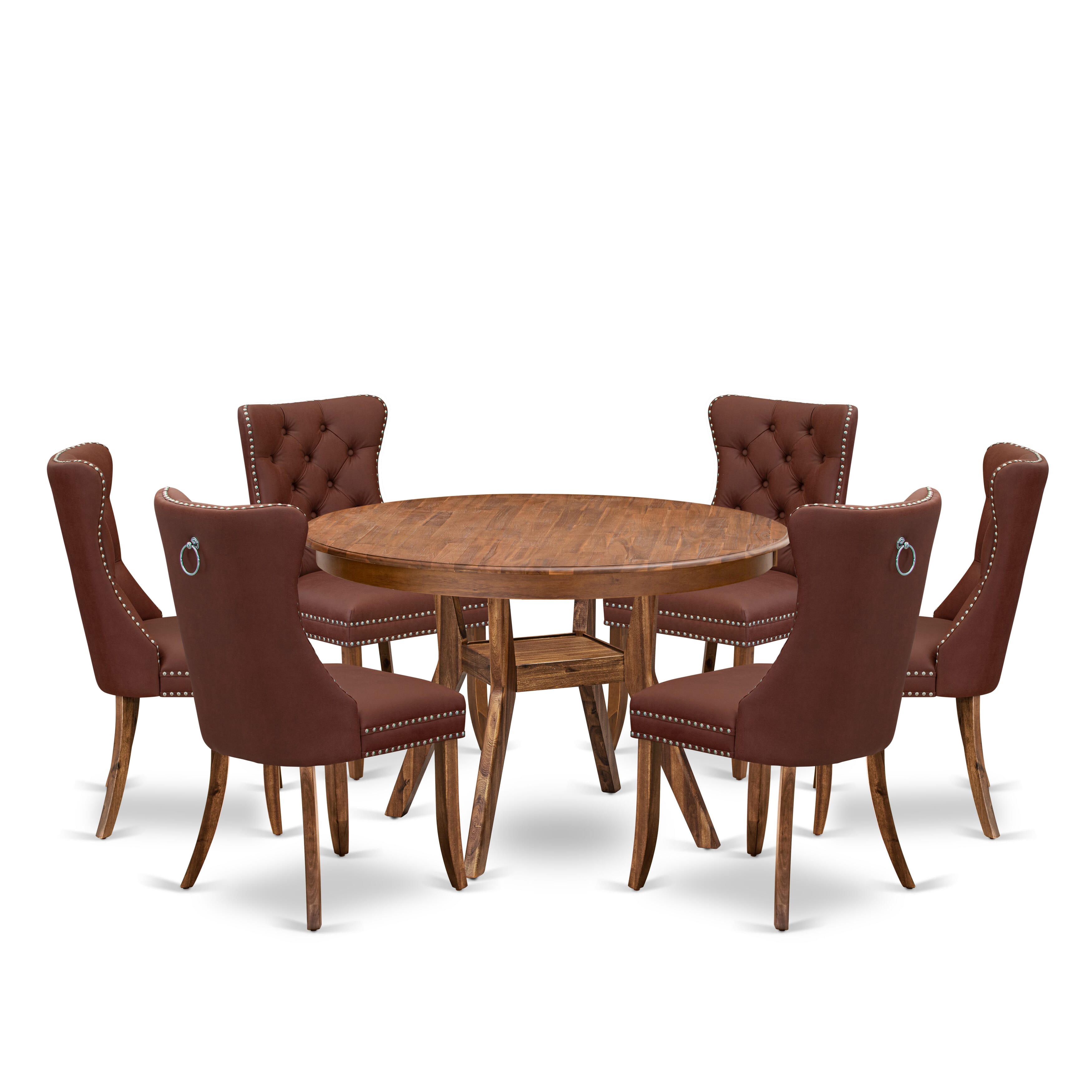 Luxe by East West Furniture F8DA7-40N-26 7-Pc Mid Century Modern Dining Set Include a Modern Table and 6 Burgundy Faux Leather Chairs with Button-Tufted Back, Antique Walnut