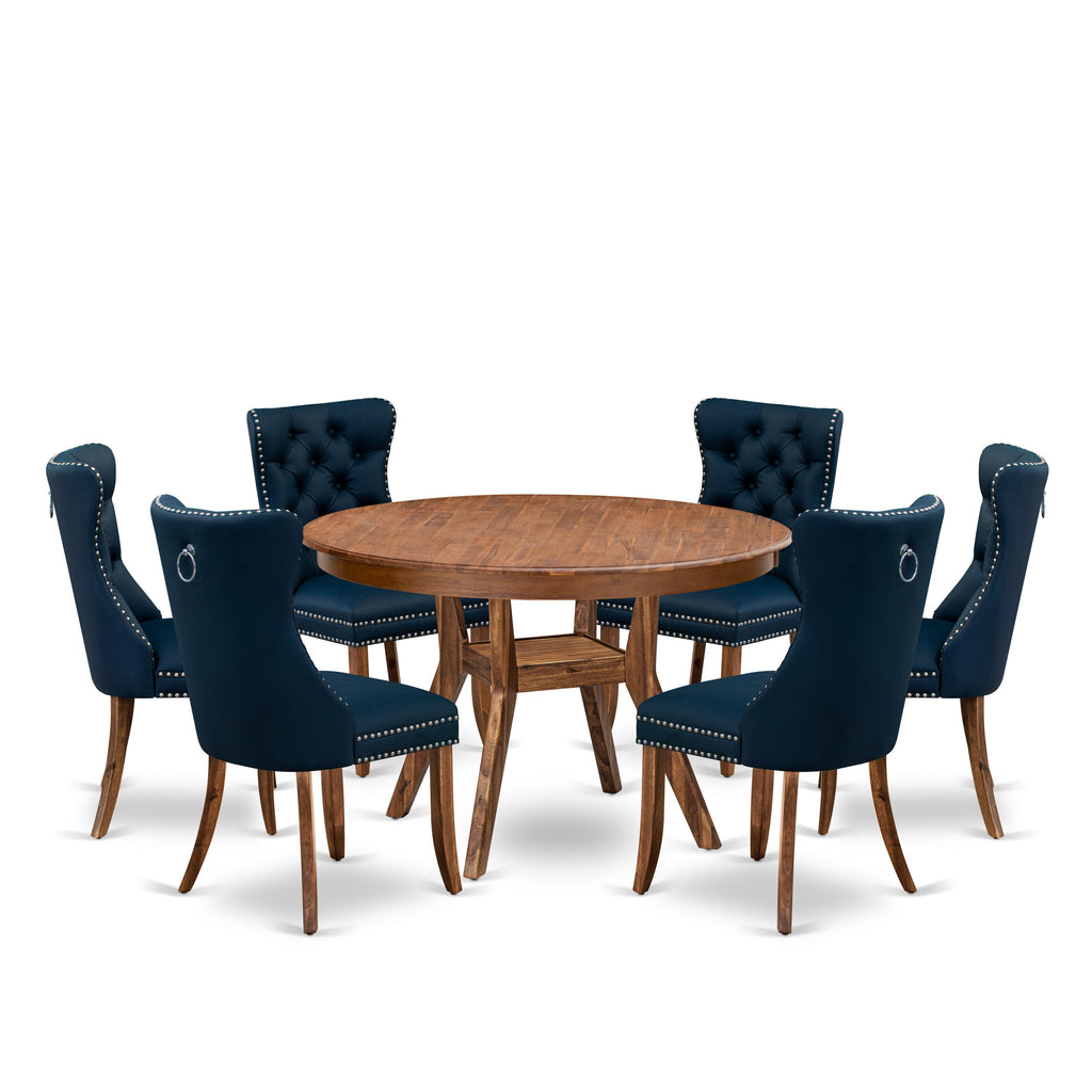 Luxe by East West Furniture F8DA7-40N-29 7-Piece Kitchen Set with Faux Leather 6 Navy Blue Upholstered chairs, Button-Tufted Backs, and a 48"Round Table in Antique Walnut Finish.