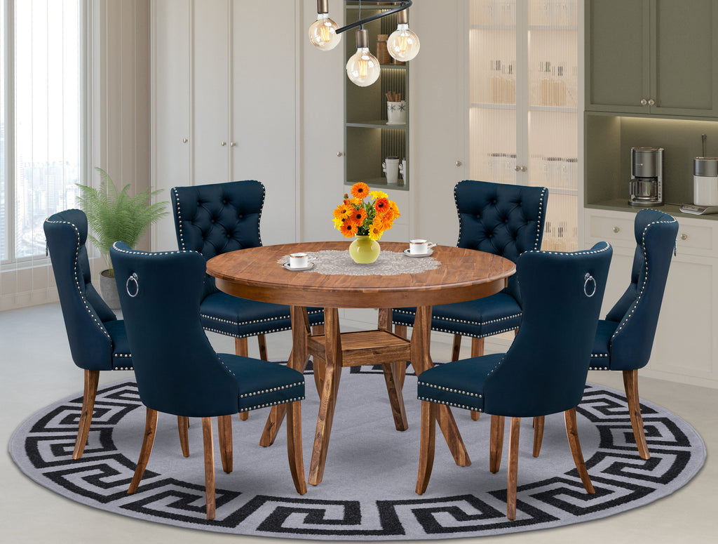 Luxe by East West Furniture F8DA7-40N-29 7-Piece Kitchen Set with Faux Leather 6 Navy Blue Upholstered chairs, Button-Tufted Backs, and a 48"Round Table in Antique Walnut Finish.