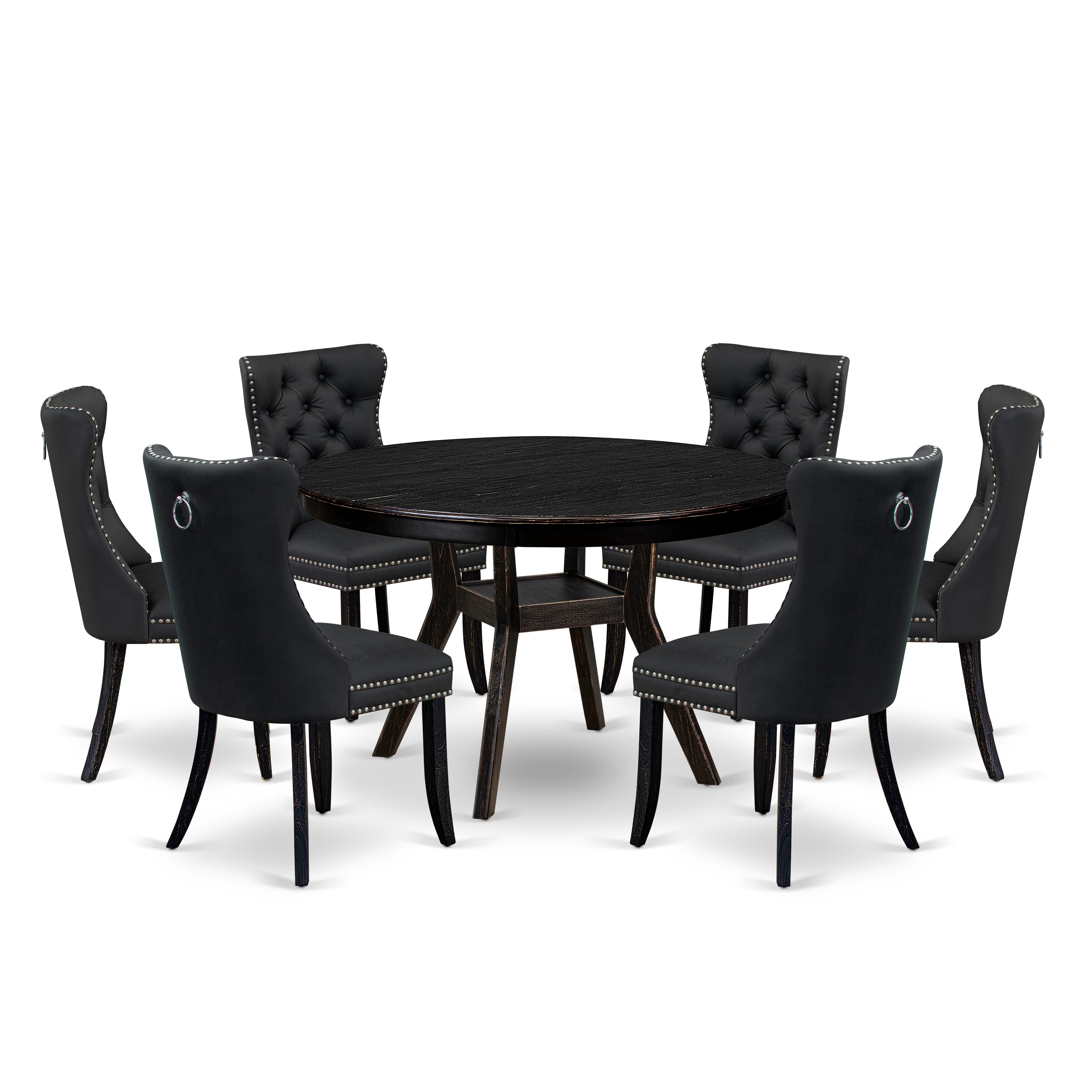 Luxe by East West Furniture F8DA7-411-12 7-Piece Kitchen Table Set with Faux Leather 6 Dark Gray parson kitchen chairs, Button-Tufted Backs, and a 48"Round Table in Sand Blasted Black Finish.
