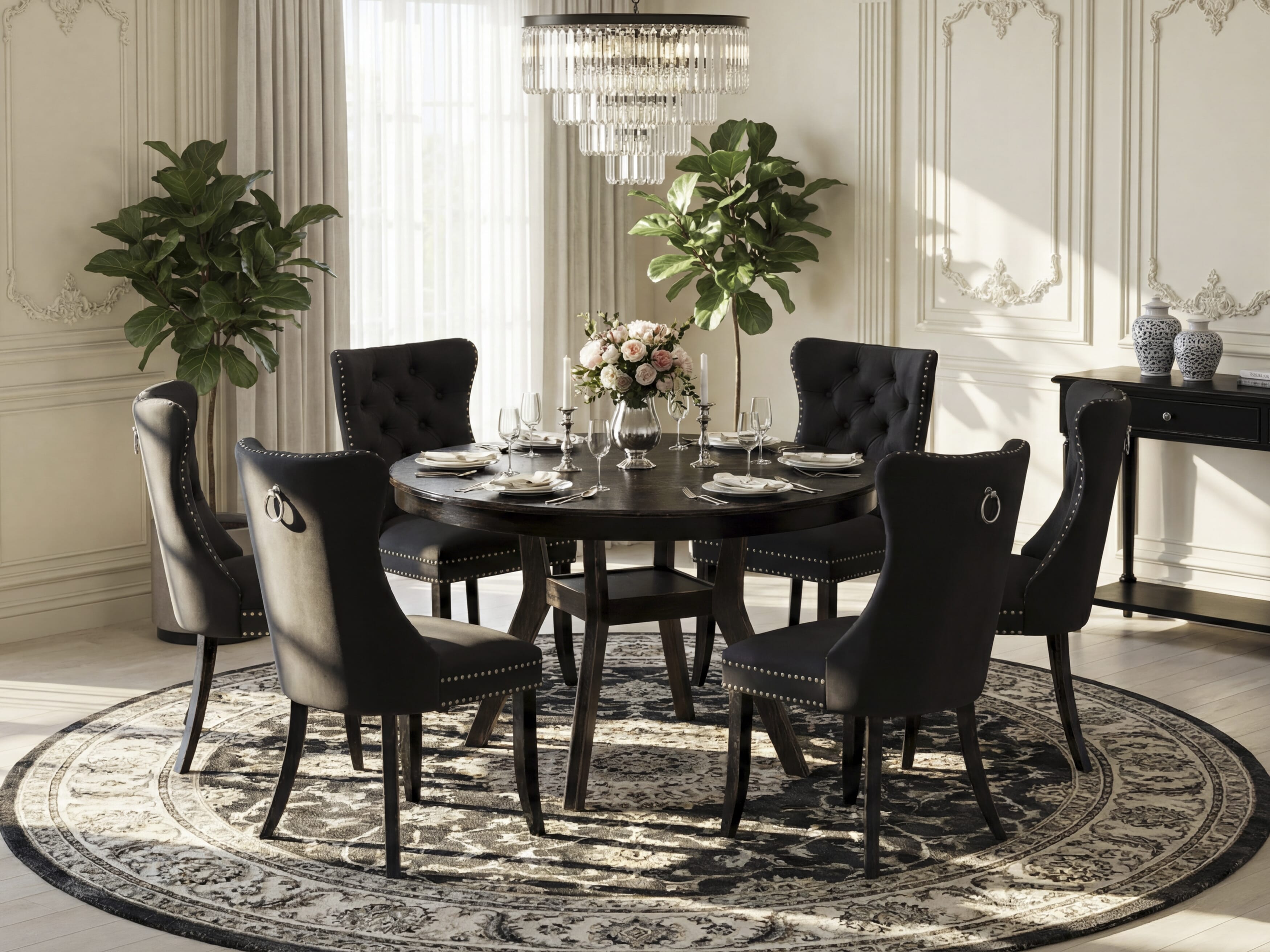 Luxe by East West Furniture F8DA7-411-12 7-Piece Kitchen Table Set with Faux Leather 6 Dark Gray parson kitchen chairs, Button-Tufted Backs, and a 48"Round Table in Sand Blasted Black Finish.