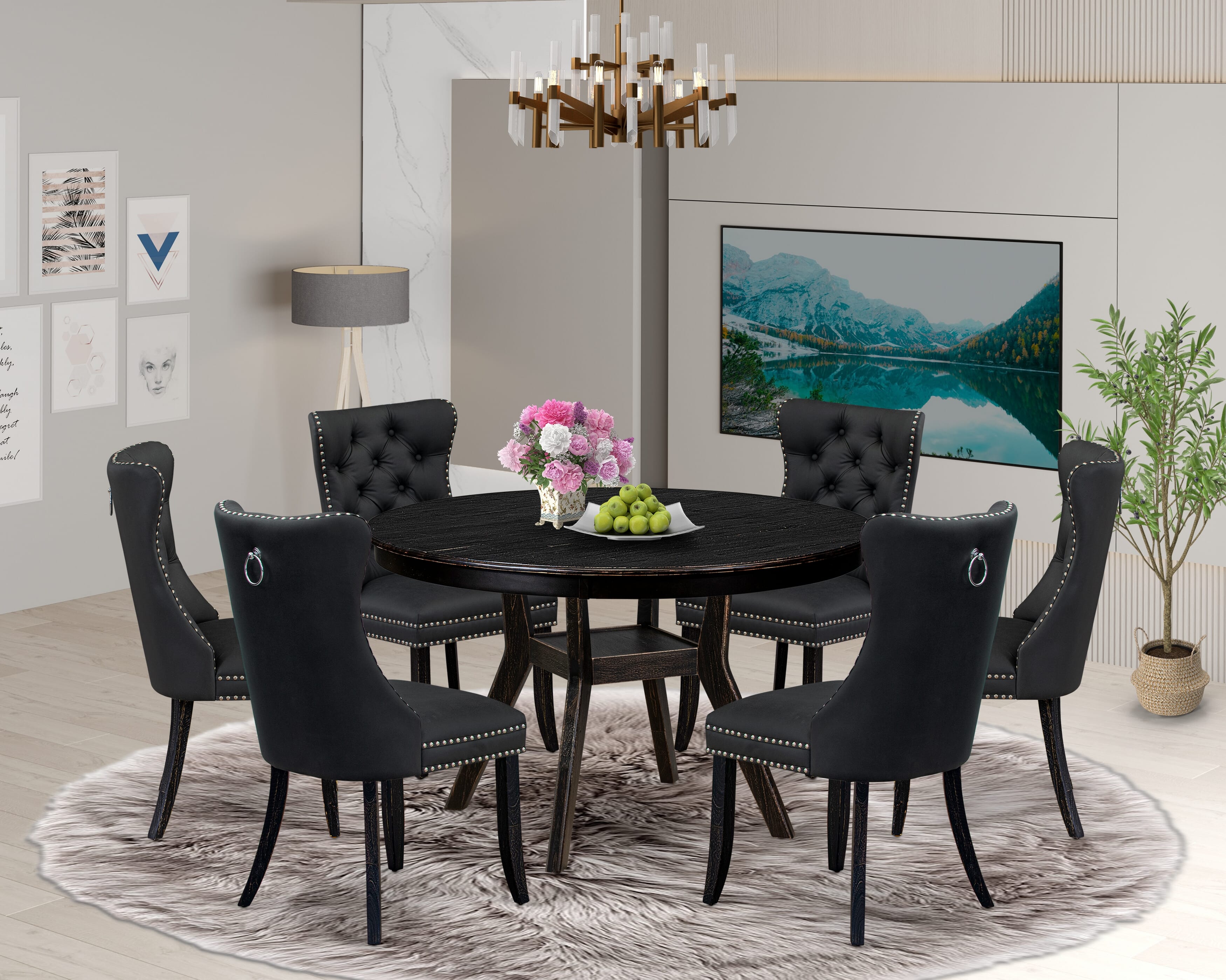 Luxe by East West Furniture F8DA7-411-12 7-Piece Kitchen Table Set with Faux Leather 6 Dark Gray parson kitchen chairs, Button-Tufted Backs, and a 48"Round Table in Sand Blasted Black Finish.