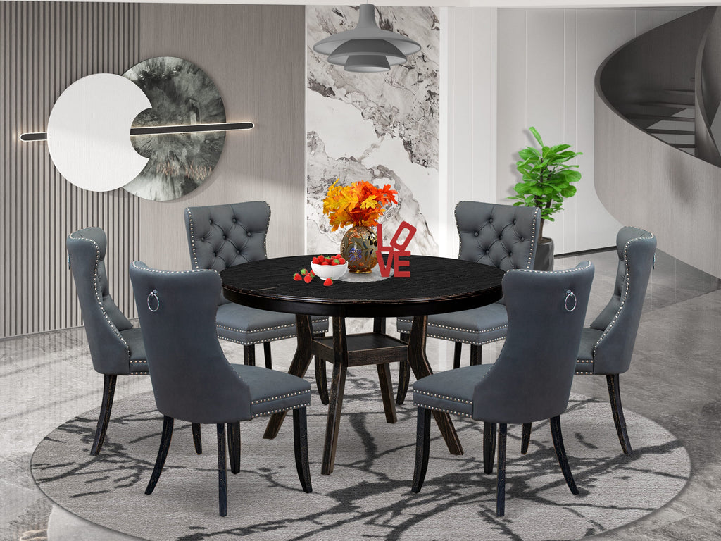 Luxe by East West Furniture F8DA7-411-13 7-piece Dining Set with Faux Leather 6 Platinum Gray upholstered dining chairs, Button-Tufted Backs, and a 48"Round Table in Sand Blasted Black Finish.