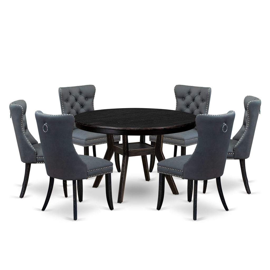Luxe by East West Furniture F8DA7-411-13 7-piece Dining Set with Faux Leather 6 Platinum Gray upholstered dining chairs, Button-Tufted Backs, and a 48"Round Table in Sand Blasted Black Finish.