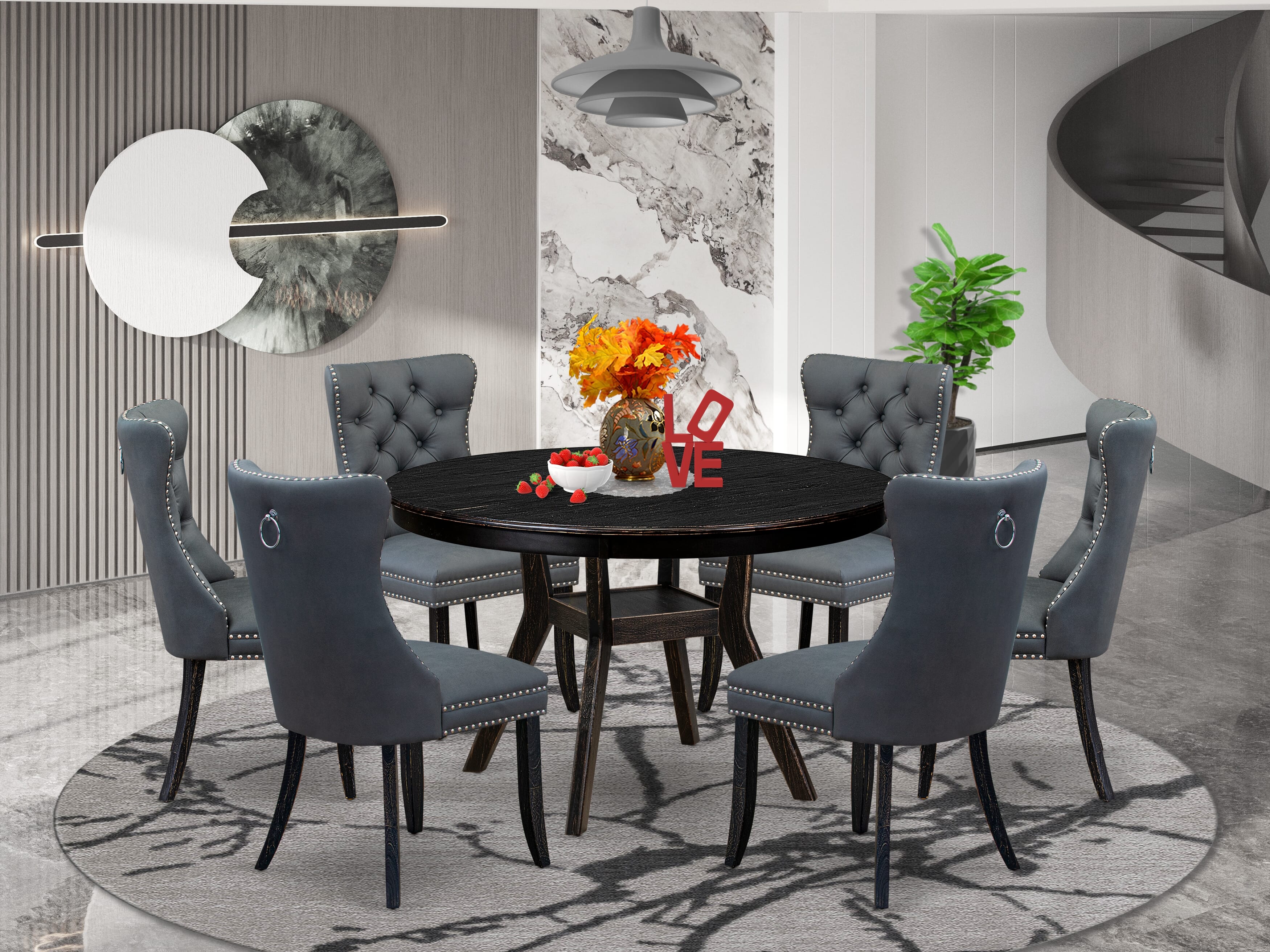 Luxe by East West Furniture F8DA7-411-13 7-piece Dining Set with Faux Leather 6 Platinum Gray upholstered dining chairs, Button-Tufted Backs, and a 48"Round Table in Sand Blasted Black Finish.