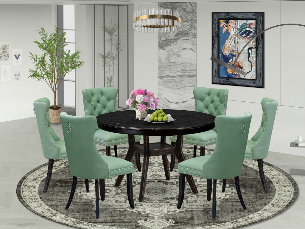 Luxe by East West Furniture F8DA7-411-22 7 Piece Dinette Set Contains a 48" Round Table with Pedestal and 6 Willow Green Faux Leather Upholstered Chairs, Sand Blasted Black