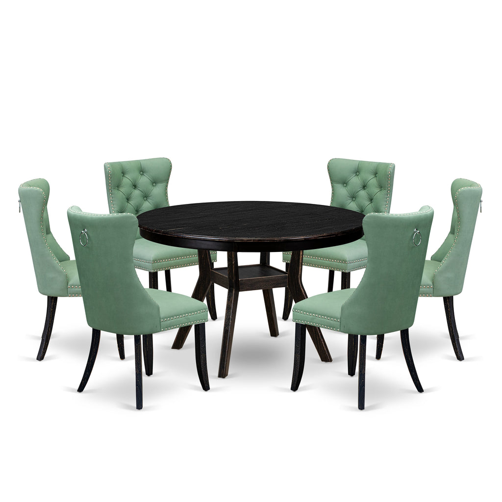 Luxe by East West Furniture F8DA7-411-22 7 Piece Dinette Set Contains a 48" Round Table with Pedestal and 6 Willow Green Faux Leather Upholstered Chairs, Sand Blasted Black