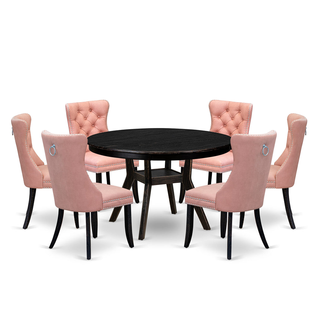 Luxe by East West Furniture F8DA7-411-23 7 Piece Dining Set Includes a 48" Round Kitchen Table with Pedestal and 6 Beige Red Faux Leather Parson Chairs, Sand Blasted Black