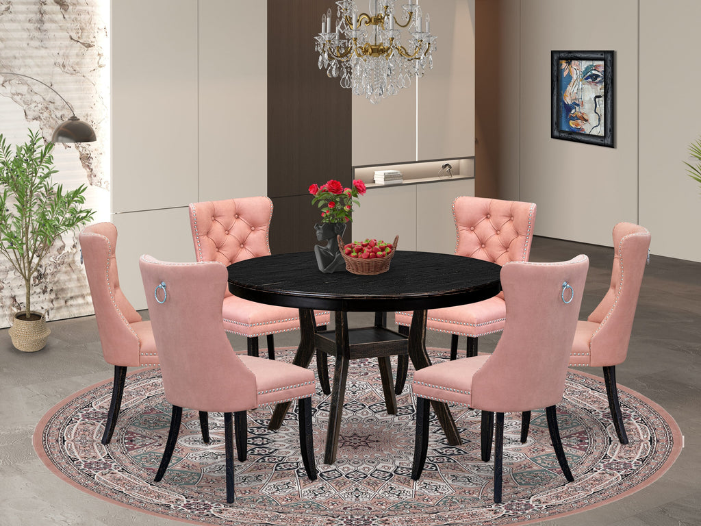 Luxe by East West Furniture F8DA7-411-23 7 Piece Dining Set Includes a 48" Round Kitchen Table with Pedestal and 6 Beige Red Faux Leather Parson Chairs, Sand Blasted Black