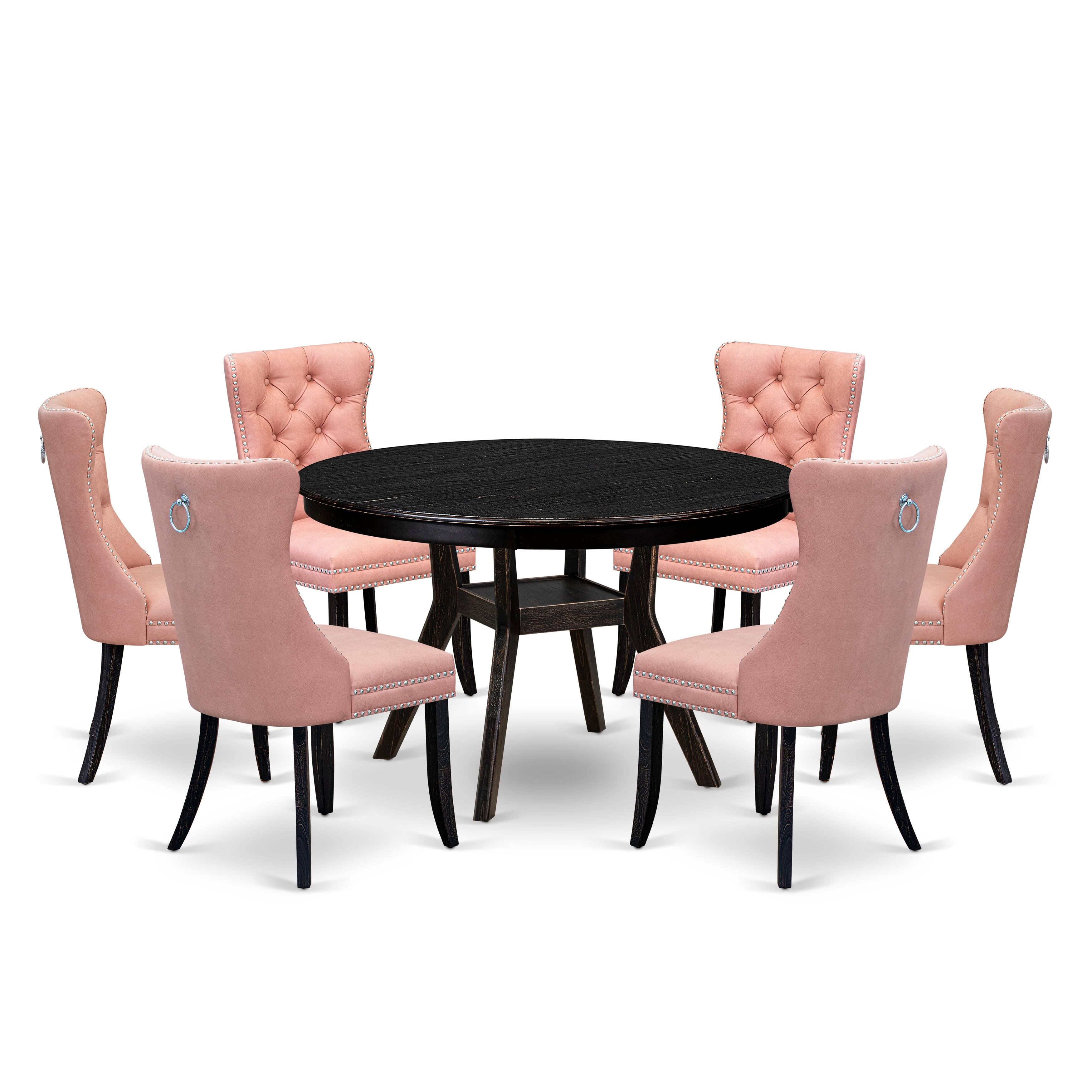 Luxe by East West Furniture F8DA7-411-23 7 Piece Dining Set Includes a 48" Round Kitchen Table with Pedestal and 6 Beige Red Faux Leather Parson Chairs, Sand Blasted Black