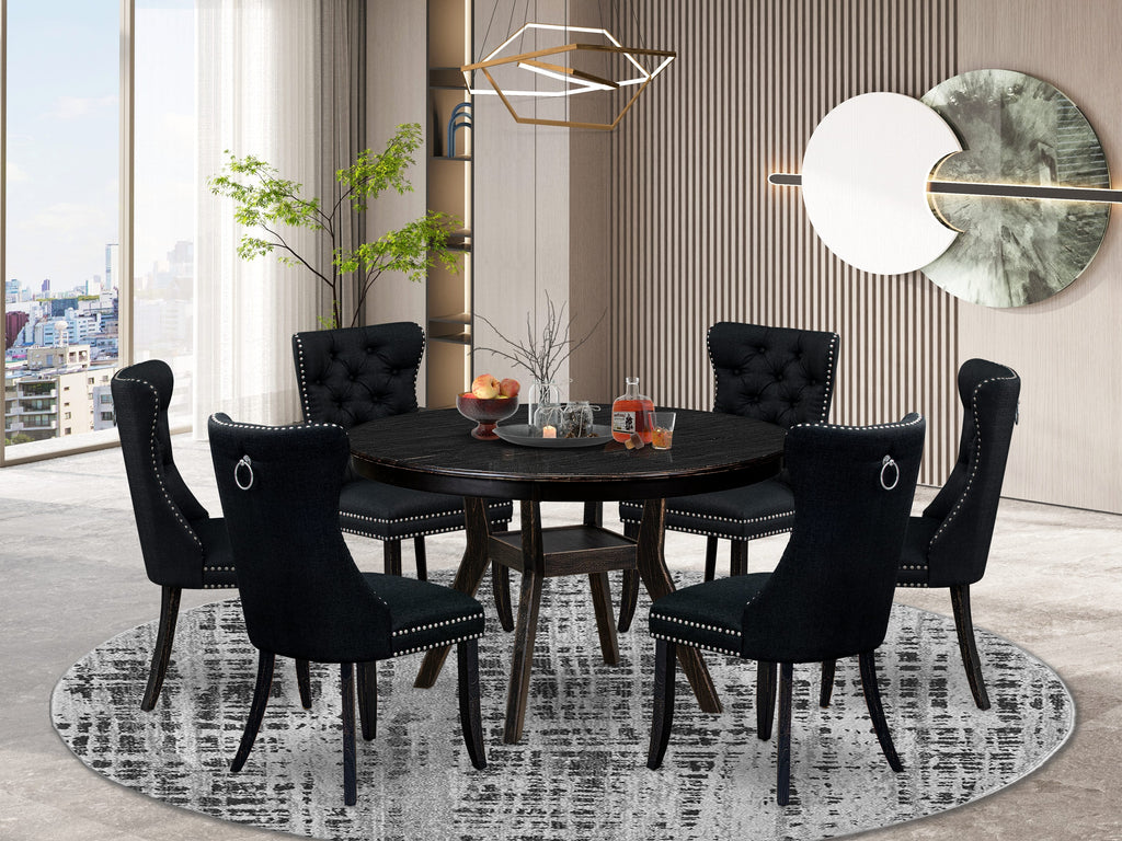 Luxe by East West Furniture F8DA7-411-24 7 Piece Kitchen Table Set Contains a 48" Round Table with Pedestal and 6 Black Linen Fabric Upholstered Chairs, Sand Blasted Black