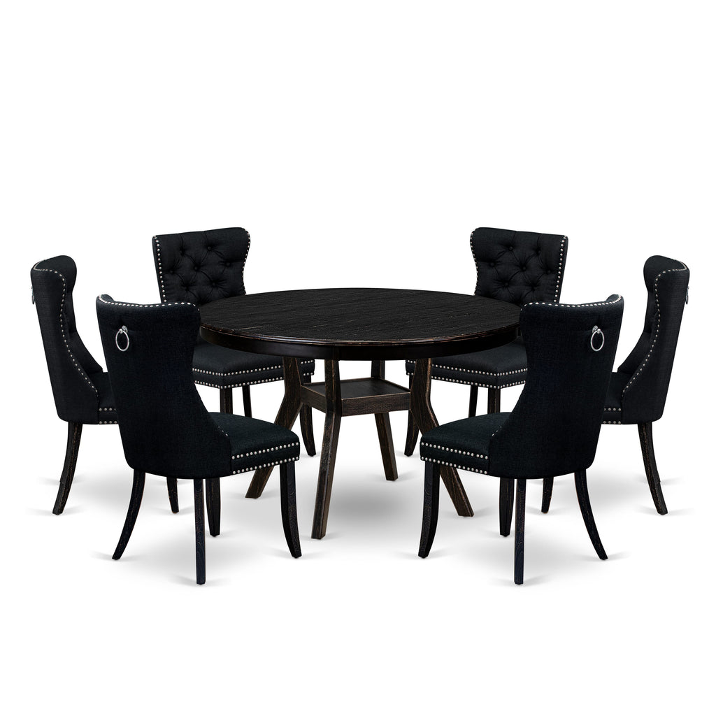 Luxe by East West Furniture F8DA7-411-24 7 Piece Kitchen Table Set Contains a 48" Round Table with Pedestal and 6 Black Linen Fabric Upholstered Chairs, Sand Blasted Black