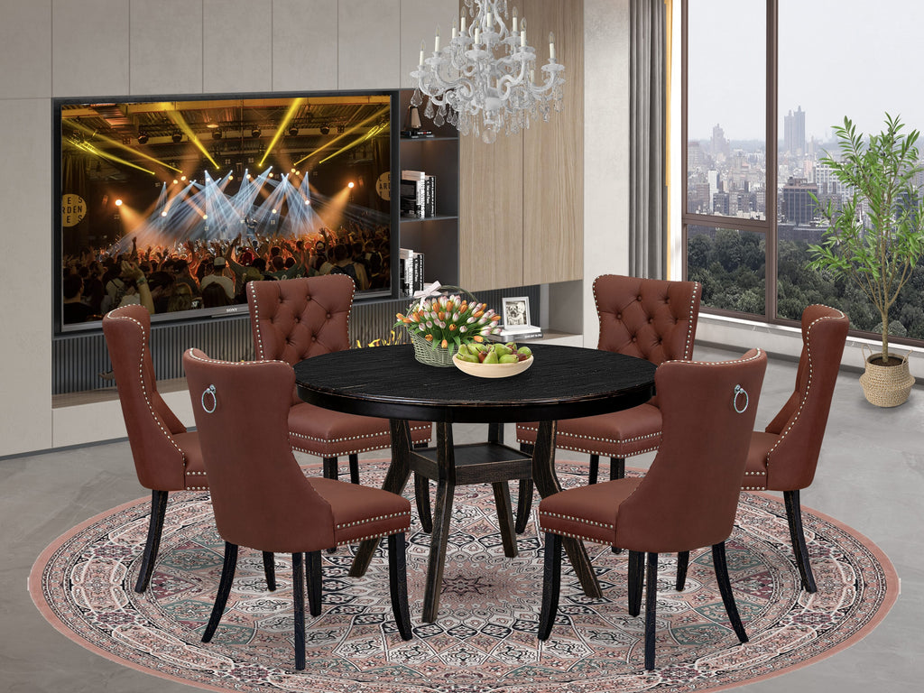 Luxe by East West Furniture F8DA7-411-26 7 Piece Dining Table Set Includes a 48" Round Table with Pedestal and 6 Burgandy Faux Leather Upholstered Chairs, Sand Blasted Black