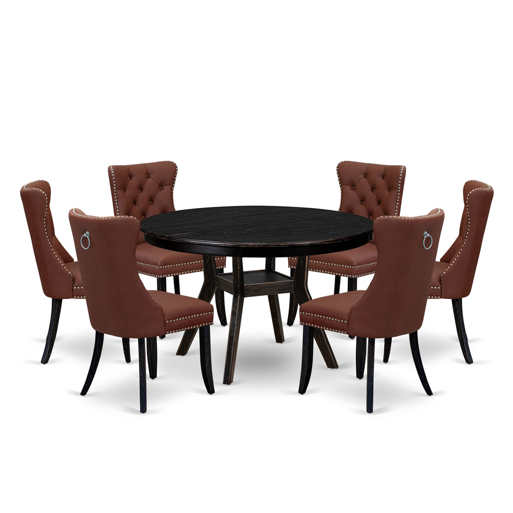 Luxe by East West Furniture F8DA7-411-26 7 Piece Dining Table Set Includes a 48" Round Table with Pedestal and 6 Burgandy Faux Leather Upholstered Chairs, Sand Blasted Black