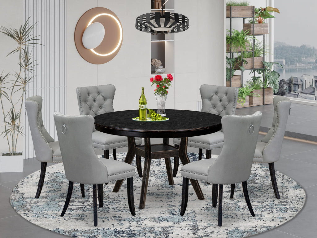 Luxe by East West Furniture F8DA7-411-27 7 Piece Dining Table Set Includes a 48" Round Table with Pedestal and 6 Light Gray Faux Leather Upholstered Chairs, Sand Blasted Black
