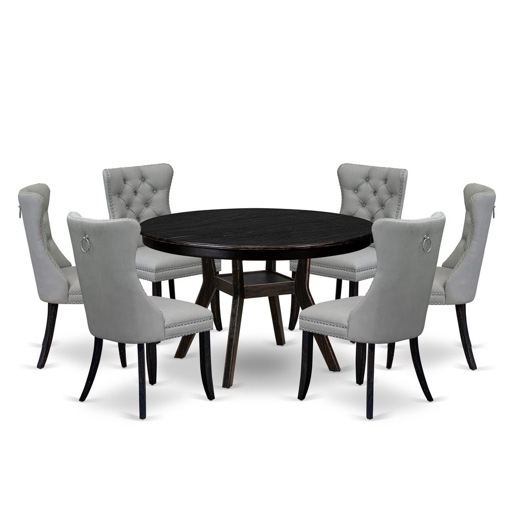 Luxe by East West Furniture F8DA7-411-27 7 Piece Dining Table Set Includes a 48" Round Table with Pedestal and 6 Light Gray Faux Leather Upholstered Chairs, Sand Blasted Black