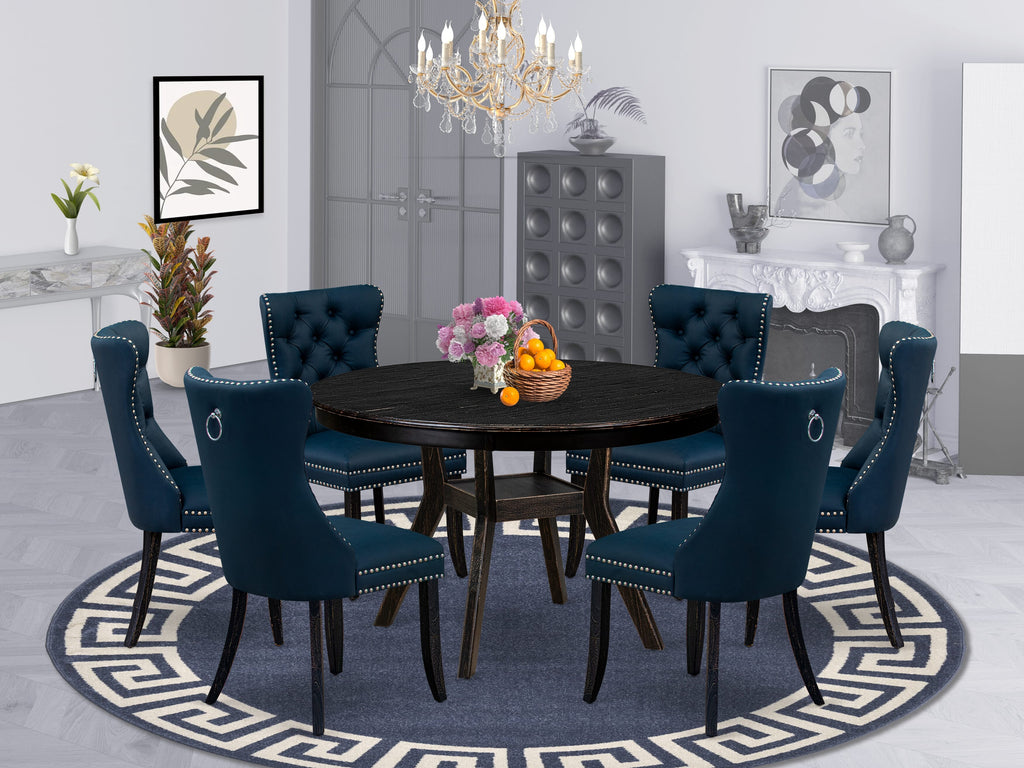 Luxe by East West Furniture F8DA7-411-29 7 Piece Dining Table Set Contains a 48" Round Table with Pedestal and 6 Navy Blue Faux Leather Upholstered Chairs, Sand Blasted Black